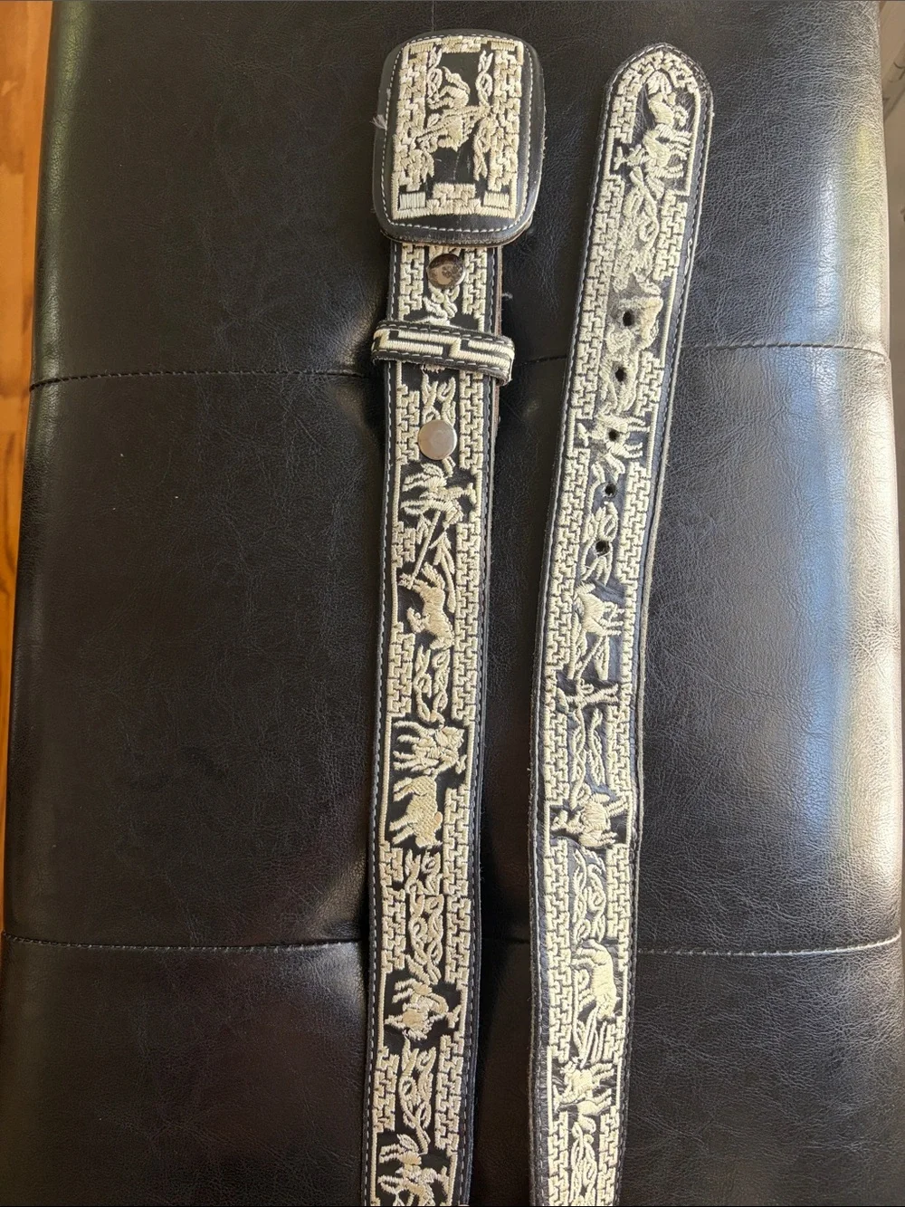 Black Embroidered Leather Men's Belt with Cream Stitching.34